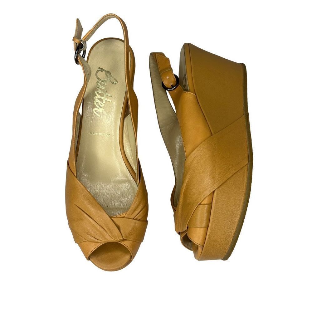 Butter Italy Light Camel Wedge Platform Peep Toe Slingback Size 9.5